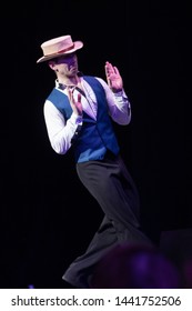 Actor dancer young man performs in a theater on stage in a dance musical show