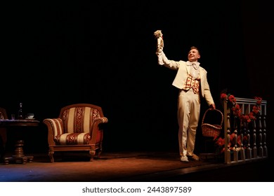 Actor men in old clothes play on stage theater