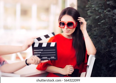 Actress With Oversized Sunglasses Shooting Movie Scene - Diva In Red Dress And Big Shades Starring In An Artistic Film
