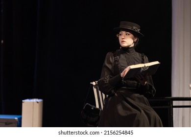 Actress Women In Vintage Black Dresses With Long Skirts Play On Stage Theater