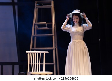 Actress Women In Vintage Dresses With Long Skirts Play On Stage Theater