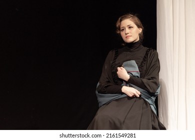 Actress Women In Vintage Dresses With Long Skirts Play On Stage Drama Theater