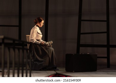 Actress Women In Vintage Dresses With Long Skirts Play On Stage Drama Theater