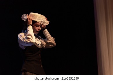 Actress Women In Vintage Dresses With Long Skirts Play On Stage Drama Theater