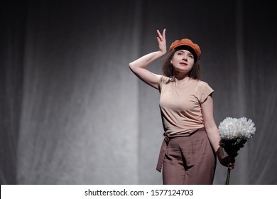 Actress Young Woman Plays Modern Lyrical Performance Show On The Stage Of The Theater