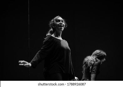 Actresses on stage in rehearsals, opposites, happiness and anguish. Black and white photography. - Powered by Shutterstock