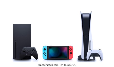 Actual Generation of gamming consoles and controllers on white background