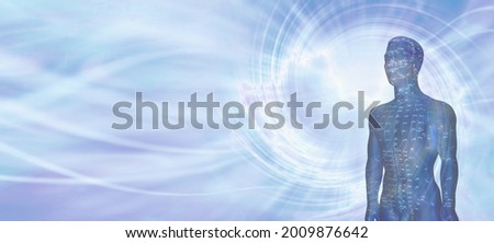 Acupuncture Model Energy Meridians Message Banner - a flowing blue vortex energy background with half an acupuncture dummy in a blue colour showing meridians and space for copy
