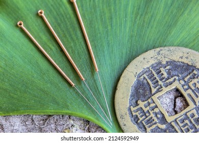 Acupuncture needles on an ancient chinese bronz coin and green ginkgo leaf (Words on the coin: Kangxi Dynasty Coins) - manual focus on needles - Shutterstock ID 2124592949