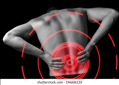 Acute Pain In A Male Lower Back, Monochrome  Image, Pain Area Of Red Color