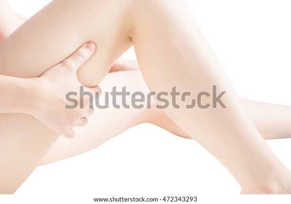 白い背景に女性の大腿に鋭い痛み 白い背景に切り取り線 の写真素材 今すぐ編集