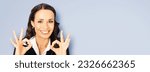 Ad concept photo - excited smile positive businesswoman show make ok okay hand sign, isolated gray wall background. Happy gesturing brunette woman. Business success ad concept. Wide banner image.