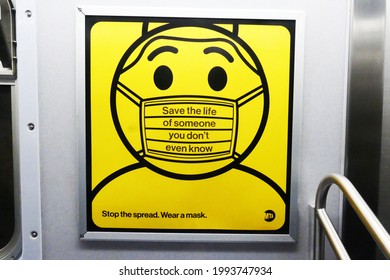 AD In The  Subway In NYC. MTA Will Begin Issuing $50 Fines To Riders Who Refuse To Wear A Mask On New York City's Subway And Commuter Trains, The Agency Announced. June 15,2021. NYC, NY, USA.