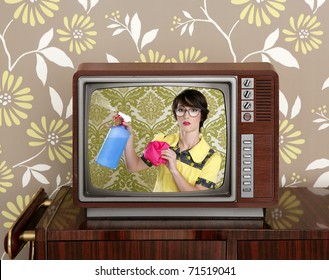 Ad Tv Commercial Retro Nerd Housewife Cleaning Chores Wood Television [Photo Illustration]