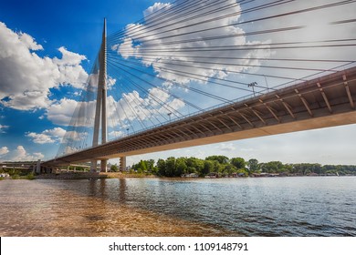 Ada Bridge (Most Na Adi), Lit By Summer Sun, As Seen From A River Cruise