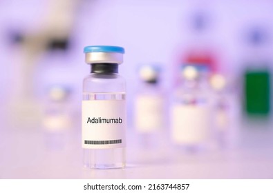 Adalimumab. Adalimumab Medical Liquid For Injection In A Glass Vial