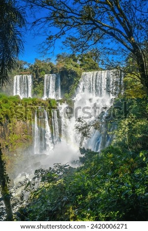 Adam and Eve Falls and Bossetti Falls from the lower circuit (circuito inferior) in the Iguazu Falls National Park on the Argentine side. Iguazu Falls is a UNESCO world heritage site.