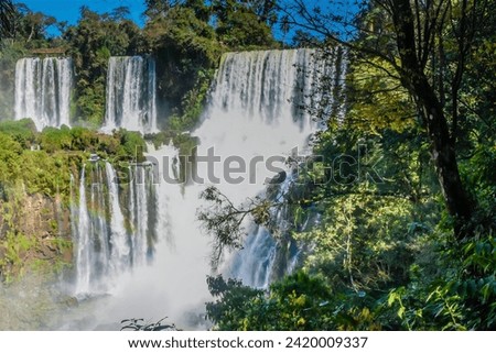 Adam and Eve Falls and Bossetti Falls from the lower circuit (circuito inferior) in the Iguazu falls National Park on the Argentine side. Iguazu falls is a UNESCO world heritage site.