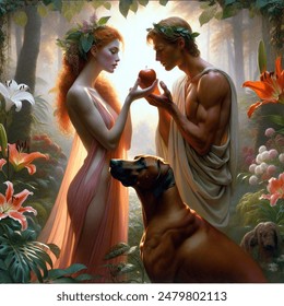 Adam and Eve, white, Eva giving one apple to Adam, Eva looking at Adam, two Rhodesian Ridgebacks, dawn, classical romantic painting, soft light, warm hues, lush garden, lilies, morning mist, ethereal glow
