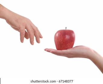 Adam And Eve,  Woman Gives Apple A Man, Isolated On White