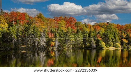 Adams reservoir in Woodford state park is surrounded by trees showing brilliant fall colors, near Woodford, Vermont