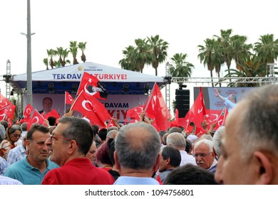 Adana - Turkey. 20 May 2018.  Speech Of Mr.Muharrem Ince, Head Of The Secularist Republican People's Party (CHP), From A Distance & Between Turkish Flags.