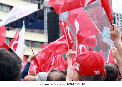 Adana - Turkey. 20 May 2018.  Speech Of Mr.Muharrem Ince, Head Of The Secularist Republican People's Party (CHP), From A Distance & Between Turkish Flags.