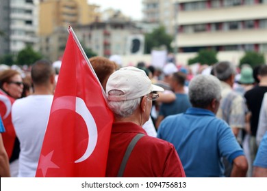 Adana - Turkey. 20 May 2018.  Speech Of Mr.Muharrem Ince, Head Of The Secularist Republican People's Party (CHP), From A Distance & Between Turkish Flags.