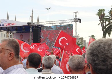 Adana - Turkey. 20 May 2018.  Speech Of Mr.Muharrem Ince, Head Of The Secularist Republican People's Party (CHP), From A Distance & Between Turkish Flags.