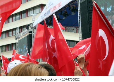 Adana - Turkey. 20 May 2018.  Speech Of Mr.Muharrem Ince, Head Of The Secularist Republican People's Party (CHP), From A Distance & Between Turkish Flags.