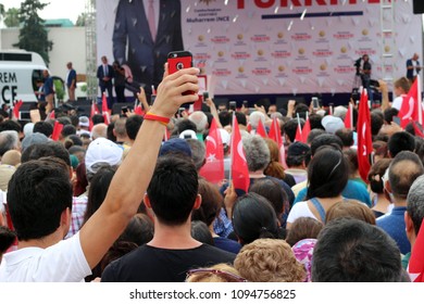 Adana - Turkey. 20 May 2018.  Speech Of Mr.Muharrem Ince, Head Of The Secularist Republican People's Party (CHP), From A Distance & Between Turkish Flags.