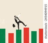 Adaptability and resilience. Businessman balancing on bar charts symbolizing market instability and dynamics in business. Conceptual creative design. Business, challenges, finances, analytics concept