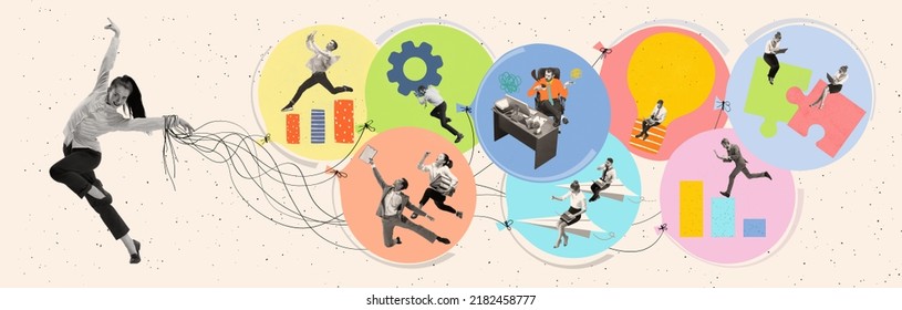 Adaptation In New Team, Contemporary Art Collage With Woman And People As Employees Working Hardly Isolated Over White Background, Concept Of Art, Finance, Career, Co-workers. Flyer