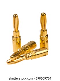 Adapter wire cable electronics audio speaker male banana plug connector isolated on white background.