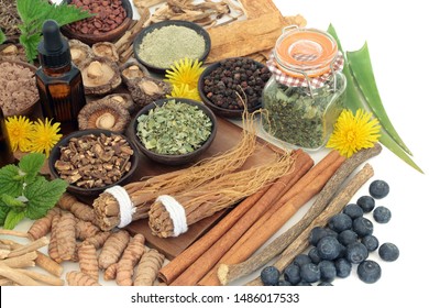 Adaptogen food with herbs, spices, fruit, essential oil & supplement powders. Used in herbal medicine to help the body resist the damaging effect of stress & restore normal physiological functions. - Powered by Shutterstock