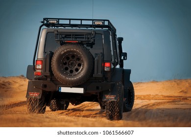 Adazi, LV - APR 1, 2016: Jeep Wrangler JK Unlimited Rubicon Recon in desert rear view
