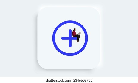 Add circle icon, button icon for web, computer and mobile app. Young woman with laptop citting on huge plus incide circle. Concept of graphic, web disign, digital education, gadgets, visual, art. Ad.