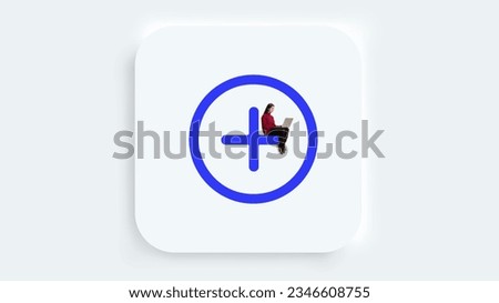 Add circle icon, button icon for web, computer and mobile app. Young woman with laptop citting on huge plus incide circle. Concept of graphic, web disign, digital education, gadgets, visual, art. Ad.