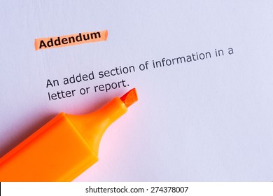 Addendum Word Highlighted On White Paper Stock Photo 274378007 ...