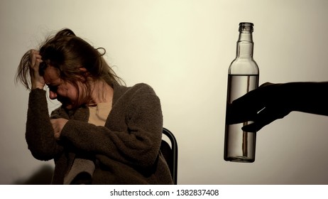 Addicted Female Suffering Withdrawal Syndrome, Unwilling To Drink, Dependence