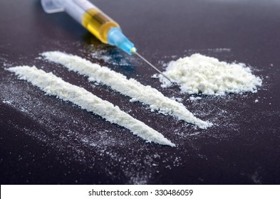 Addiction, Cocaine Line Track, Syringe, Heroin