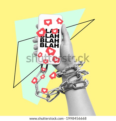 Addiction to social media. Human hand with phone isolated over light background. Modern art design in trendy colors. Stylish composition, youth culture, magazine style. Contemporary art collage.