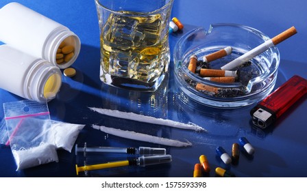 Addictive Substances Including Alcohol Cigarettes Drugs Stock Photo ...