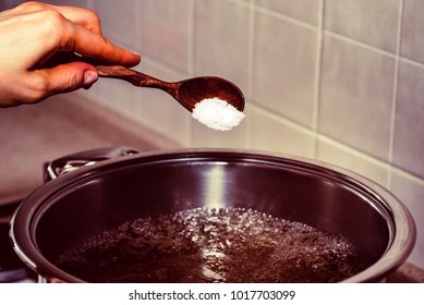 Adding Salt In Boiling Water, Cooking Soup