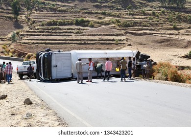 Addis Abeba, Ethiopia, January 15 2015: Accident On A Country Road With A Diesel Tanker Truck Overturned In A Curve