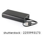 Additional self-contained external battery for charging mobile and other device. Power bank isolated on white background. Stylish charger (rechargeable battery) . Full depth of field.