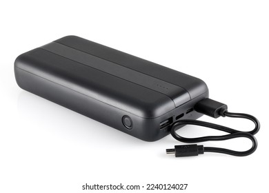 Additional self-contained external battery for charging mobile and other device. Power bank isolated on white background. Stylish charger (rechargeable battery) . Full depth of field.