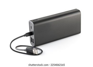 Additional self-contained external battery for charging mobile and other device. Power bank isolated on white background. Stylish charger (rechargeable battery) . Full depth of field.