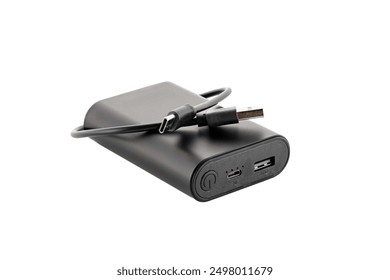 Additional self-contained external battery for charging mobile and other device. Power bank isolated on white background. Stylish charger (rechargeable battery) . Full depth of field.
