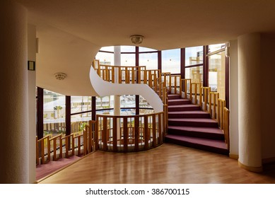 ADEJE, TENERIFE, SPAIN - DECEMBER 7, 2015: Modern interiors with round stairs in Iberostar hotel on Tenerife island, Spain